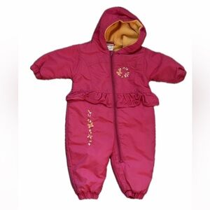 Vintage Sears Pink Hooded Baby Snowsuit with Floral and Butterfly Embroidery